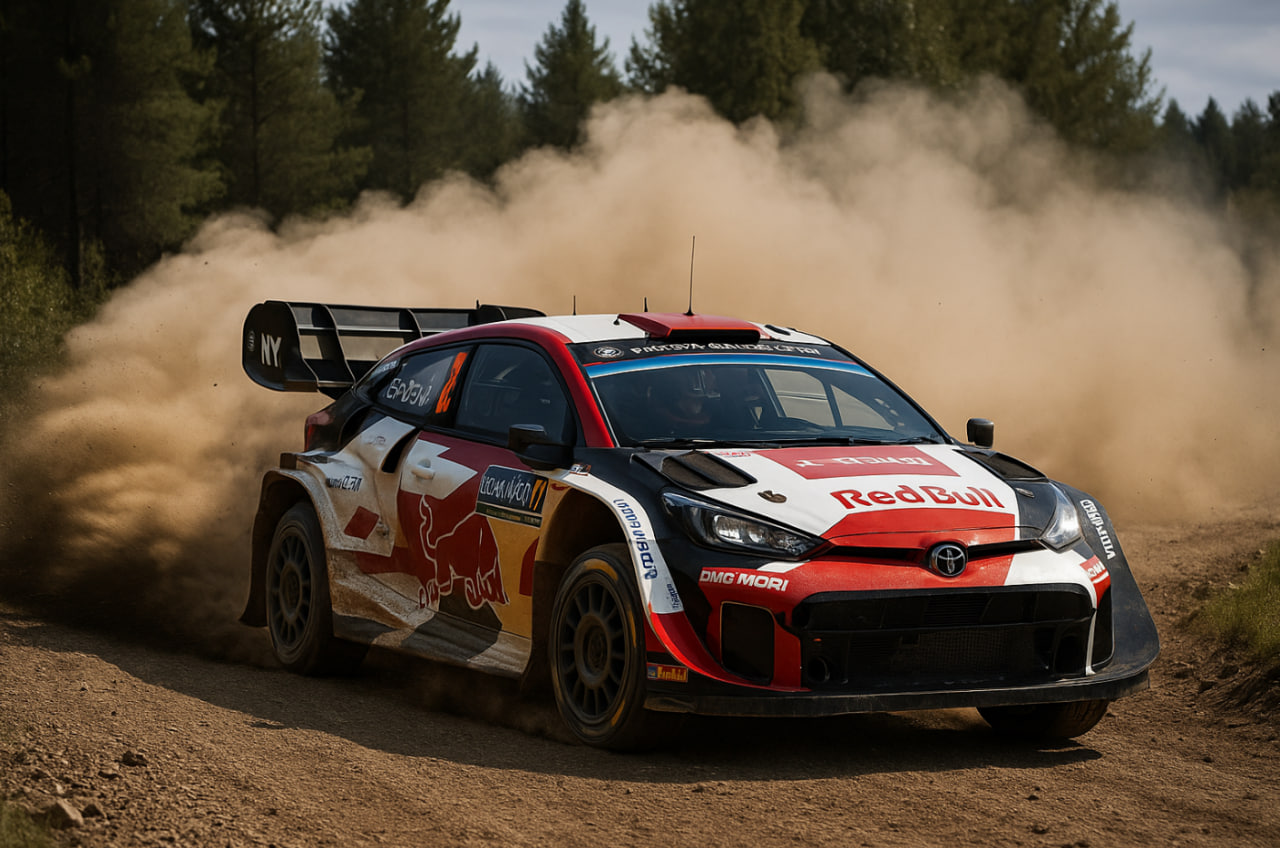 mobil WRC 2025 melaju di lintasan gravel dengan livery tim resmi