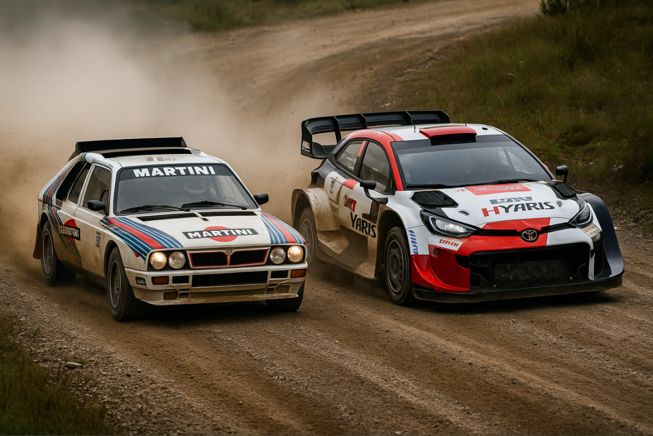 mobil rally era Grup B dan mobil WRC hybrid modern di lintasan gravel