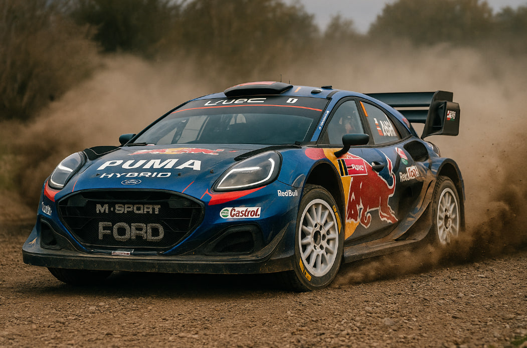 mobil WRC 2025 melaju di gravel dengan ban rally khusus