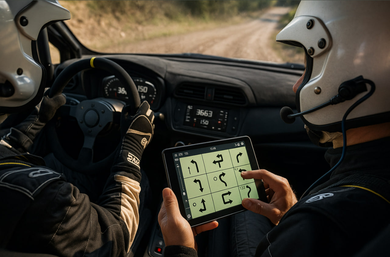 Ilustrasi co-driver rally menggunakan navigasi digital di mobil WRC