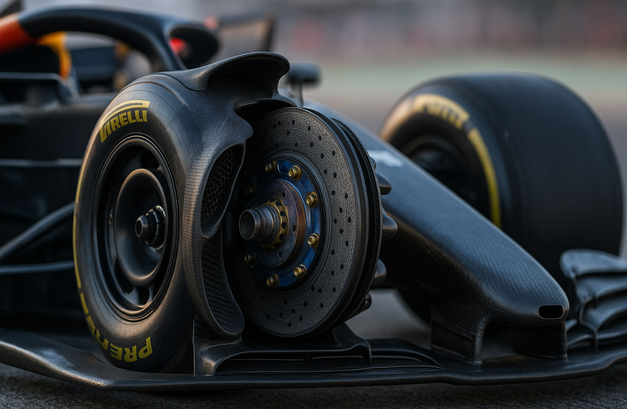 Close-up sistem rem karbon mobil F1 2025 dengan brake duct terbuka