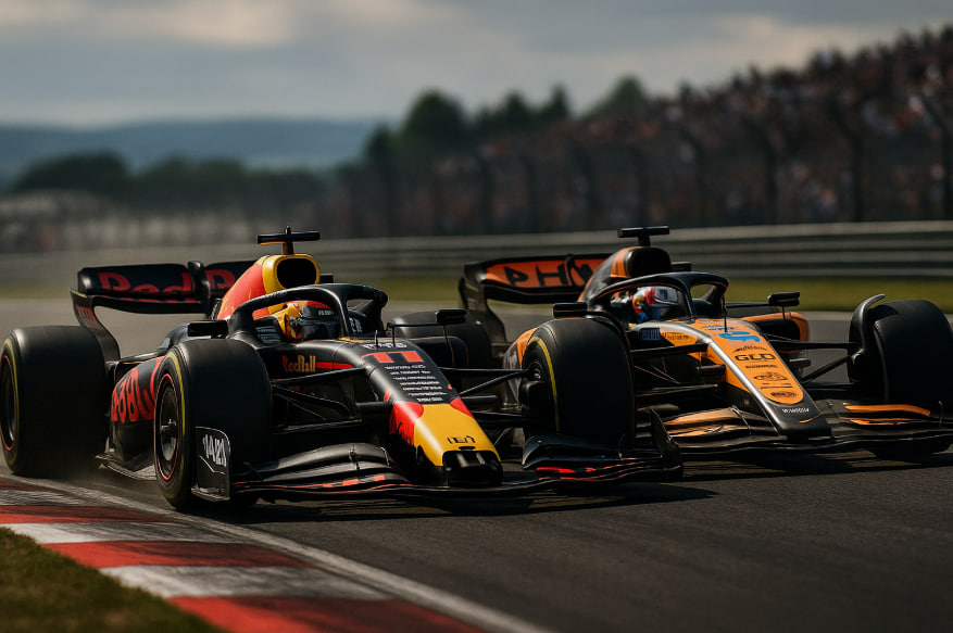 Duel overtaking antara Verstappen dan Norris di tikungan cepat F1 2025