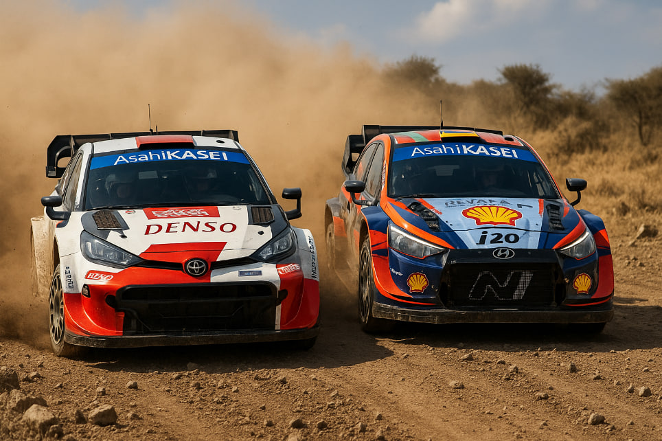 Ilustrasi mobil Toyota dan Hyundai bersaing di lintasan gravel WRC 2025, landscape, tanpa kata-kata