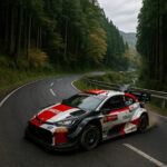 Ilustrasi mobil WRC 2025 melaju di jalan pegunungan Jepang dengan hutan dan tikungan tajam, landscape, tanpa kata-kata