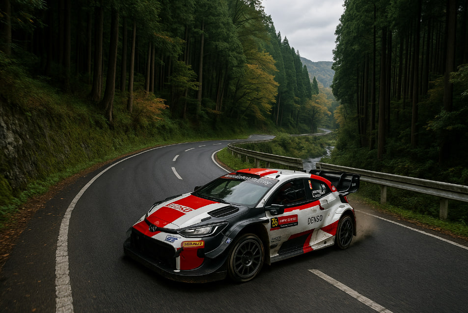 Ilustrasi mobil WRC 2025 melaju di jalan pegunungan Jepang dengan hutan dan tikungan tajam, landscape, tanpa kata-kata