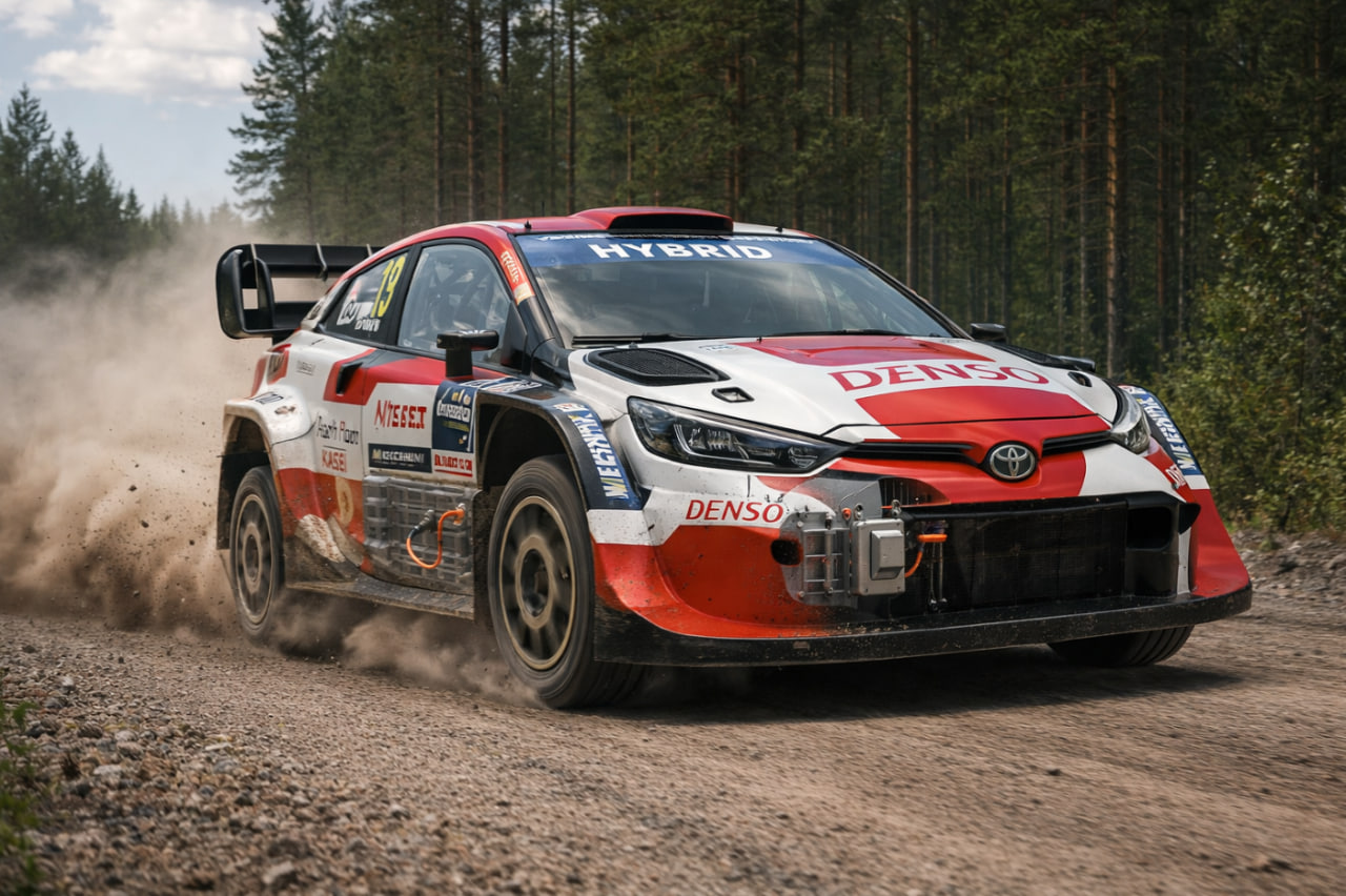 mobil Rally1 Hybrid WRC melaju di lintasan gravel dengan teknologi modern