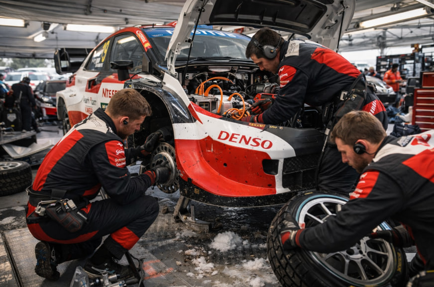 mekanik WRC bekerja cepat di servis park selama rally