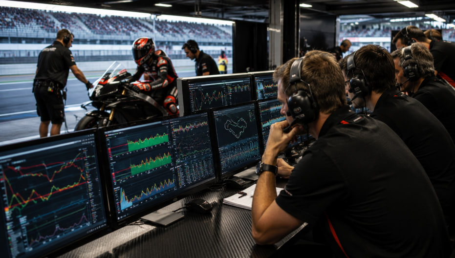 Telemetri MotoGP 2026 menampilkan data performa motor di pit garage selama sesi balapan.
